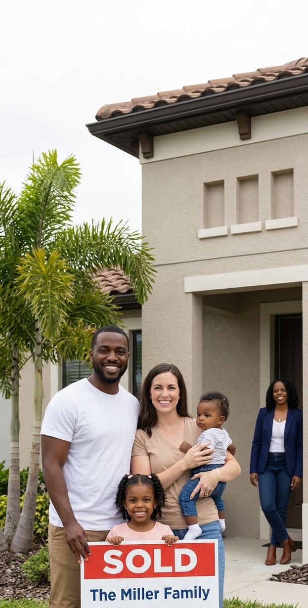 Happy family standing in front of their new Central Florida home with a sold sign