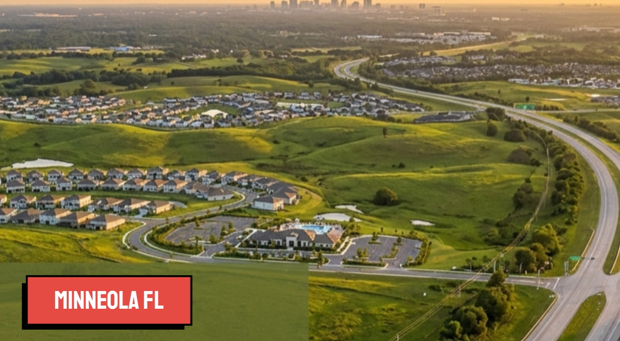 Aerial drone photograph of Minneola, Florida rolling hills and new master-planned communities near the Florida Turnpike — one of Central Florida's fastest-growing cities