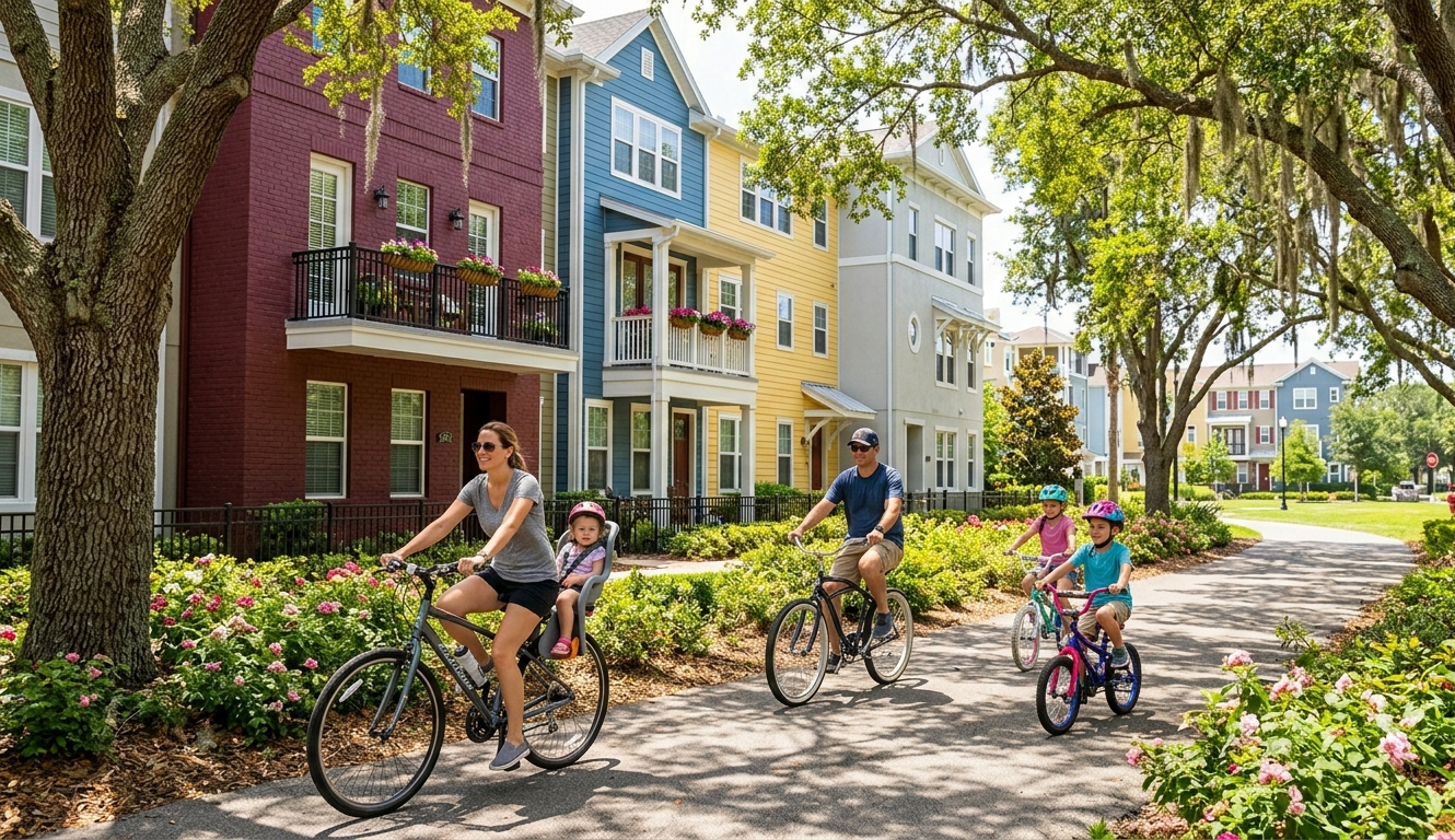 Families biking past colorful townhomes in Baldwin Park Orlando