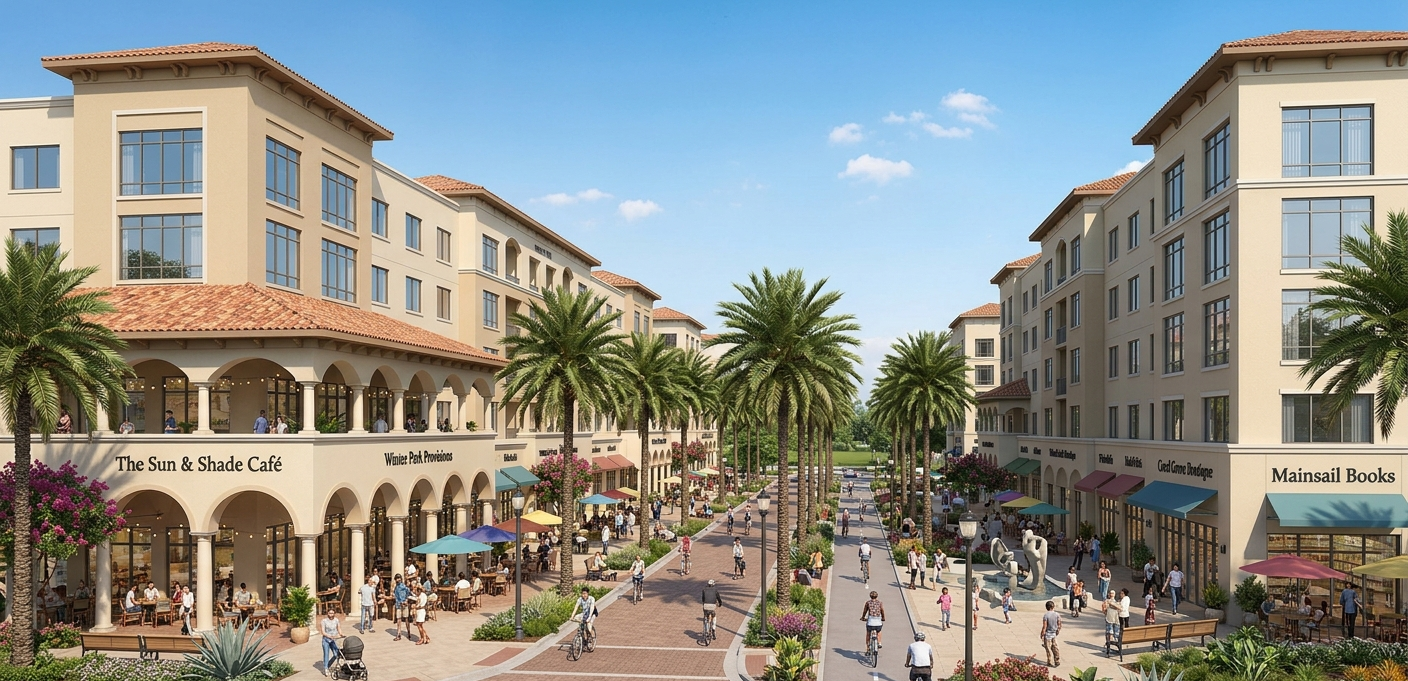 Florida mixed-use downtown district rendering similar to St. Cloud's Heritage Project at Cross Prairie — 95 acres of commercial and residential development breaking ground late 2026