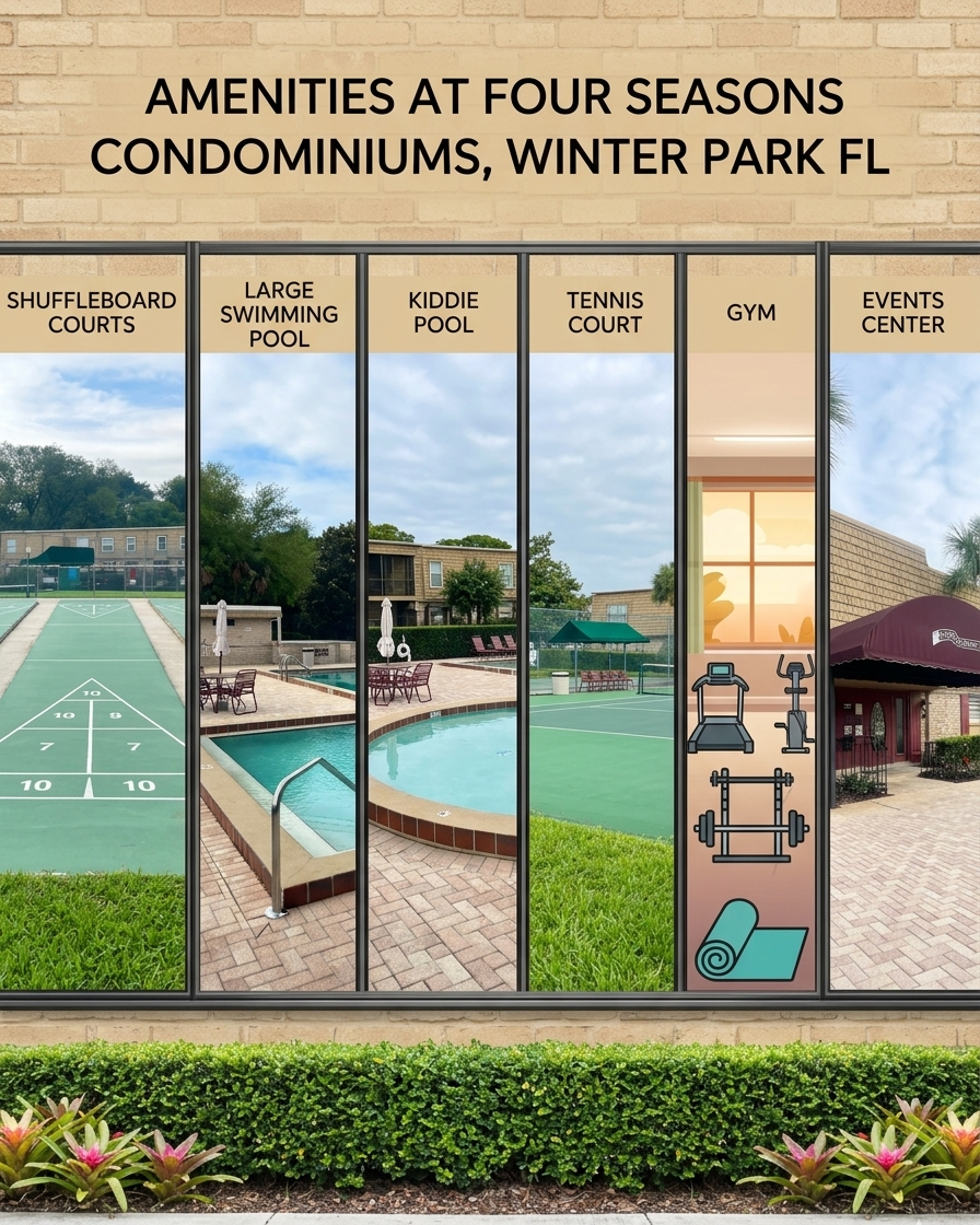 Four Seasons Condo Community Winter Park FL - aerial view of 20-acre grounds with pools and mature landscaping
