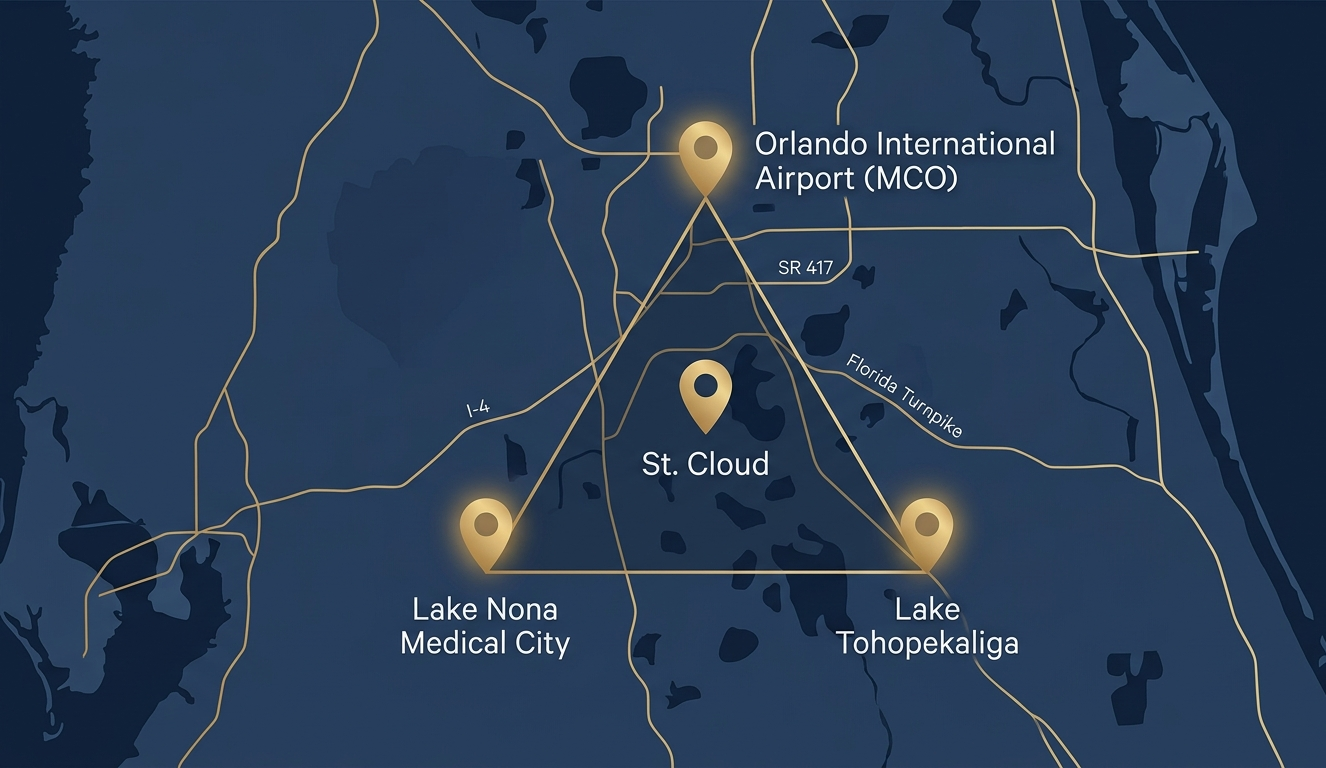 Map of St. Cloud FL Golden Triangle — three location pins connecting Lake Tohopekaliga, Orlando International Airport MCO, and Lake Nona Medical City in Central Florida
