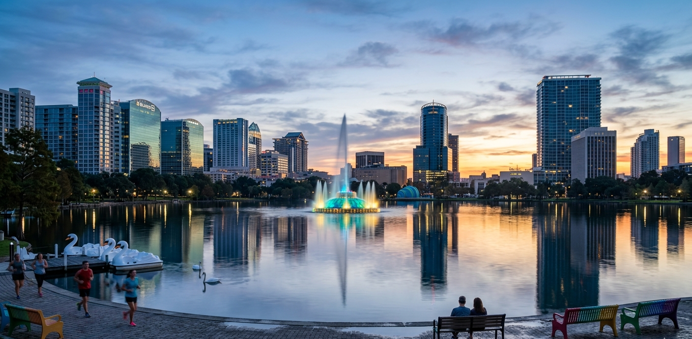 Lake Eola fountain at sunrise with downtown Orlando skyline