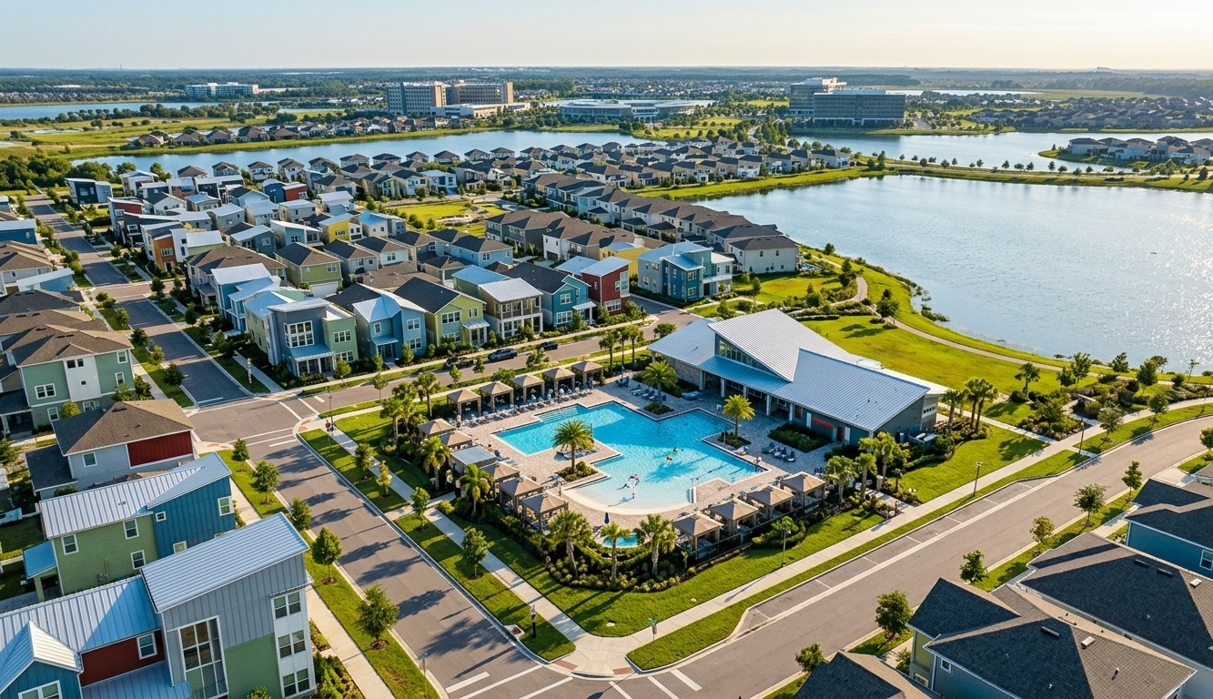 Aerial view of Lake Nona Laureate Park colorful homes and community lakes
