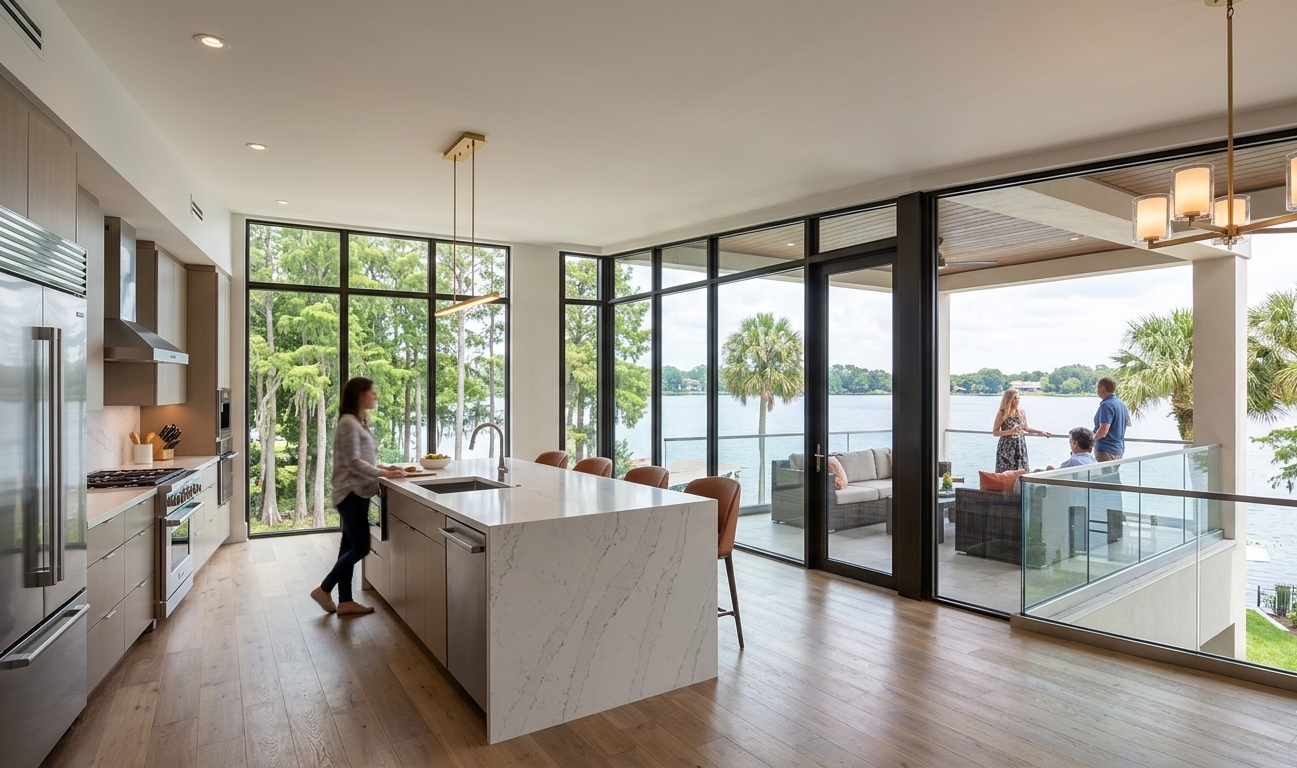 Luxury condo interior — modern open-concept kitchen with lake views, Winter Park Florida | Realtor Stephens