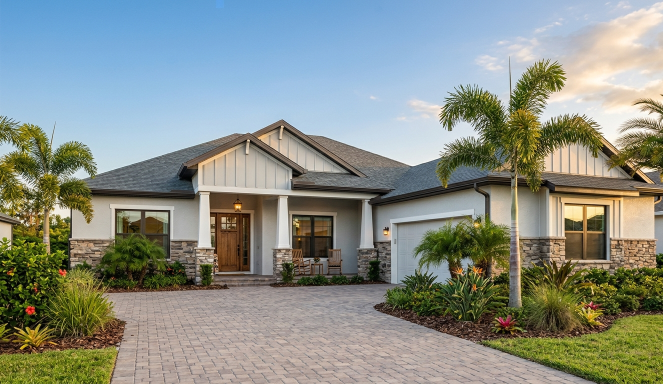 New construction home in a master-planned St. Cloud FL community — craftsman-style exterior with tropical landscaping, representing the Sunbridge Parkway growth corridor in 2026