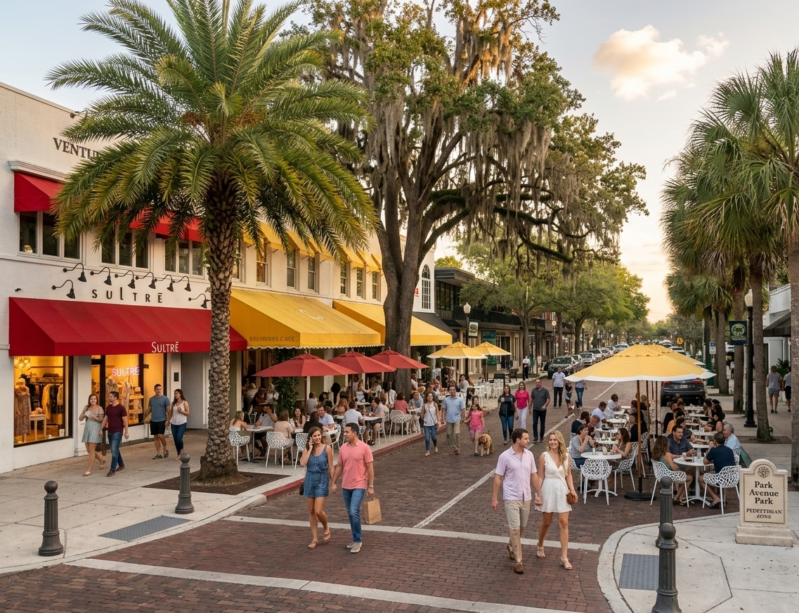 Park Avenue Winter Park FL outdoor café dining — boutiques, restaurants, and cultural destinations under 10 minutes from Winter Park Pines