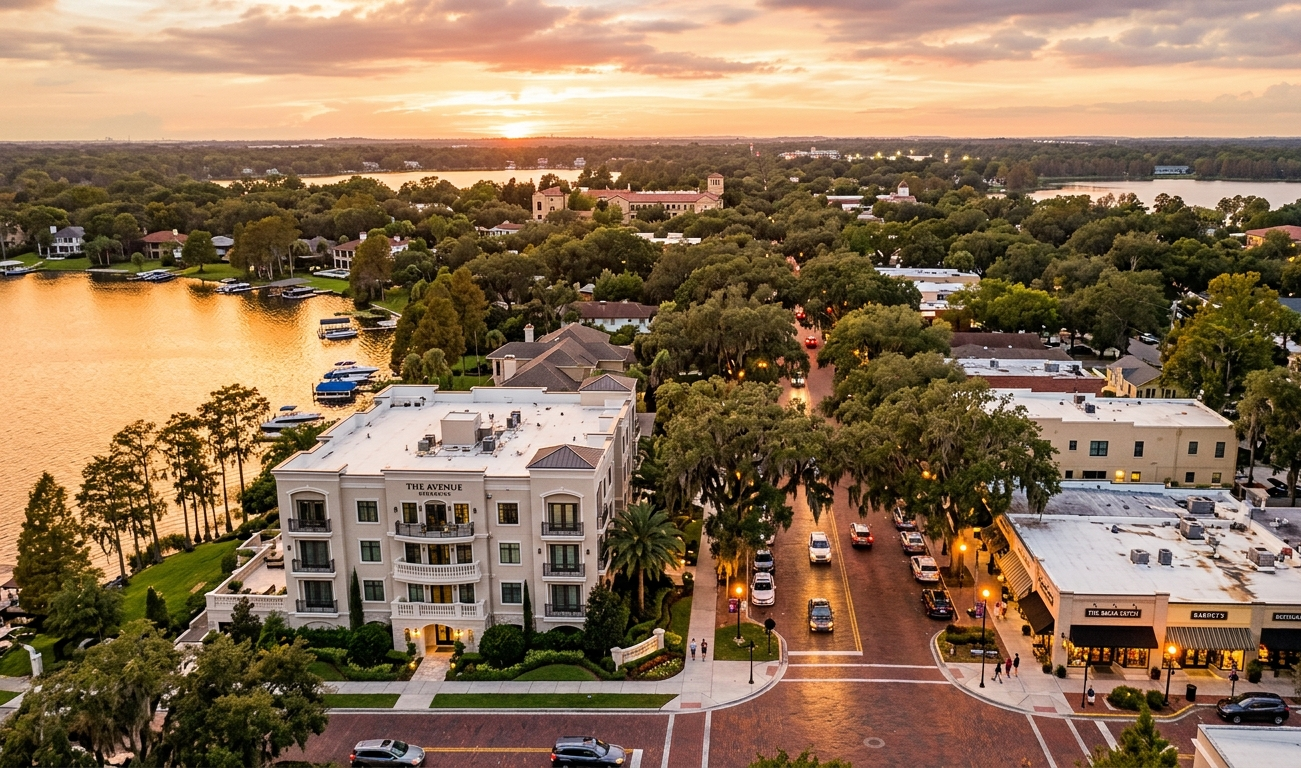 Park Avenue in historic Winter Park, Florida — tree-lined boulevard with boutiques and café culture | Realtor Stephens