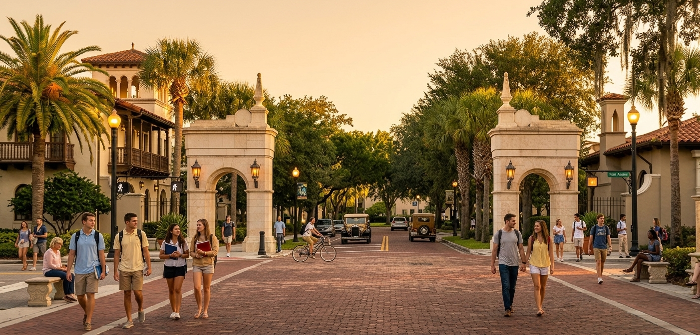 Rollins College campus Winter Park Florida — Spanish Mediterranean architecture, 0.3 miles from The Cloisters | Realtor Stephens