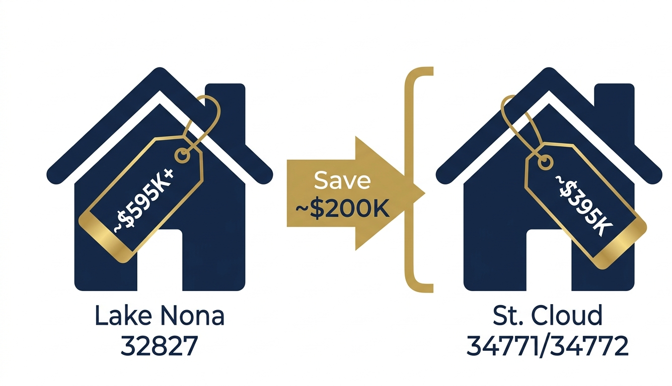 St. Cloud FL home price comparison chart 2026 — median sale price $395,000 versus Lake Nona $595,000+ showing the $200,000 infrastructure arbitrage gap in Osceola County