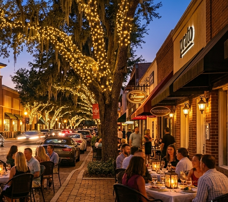 Winter Park Park Avenue streetscape at dusk with string lights and al fresco dining