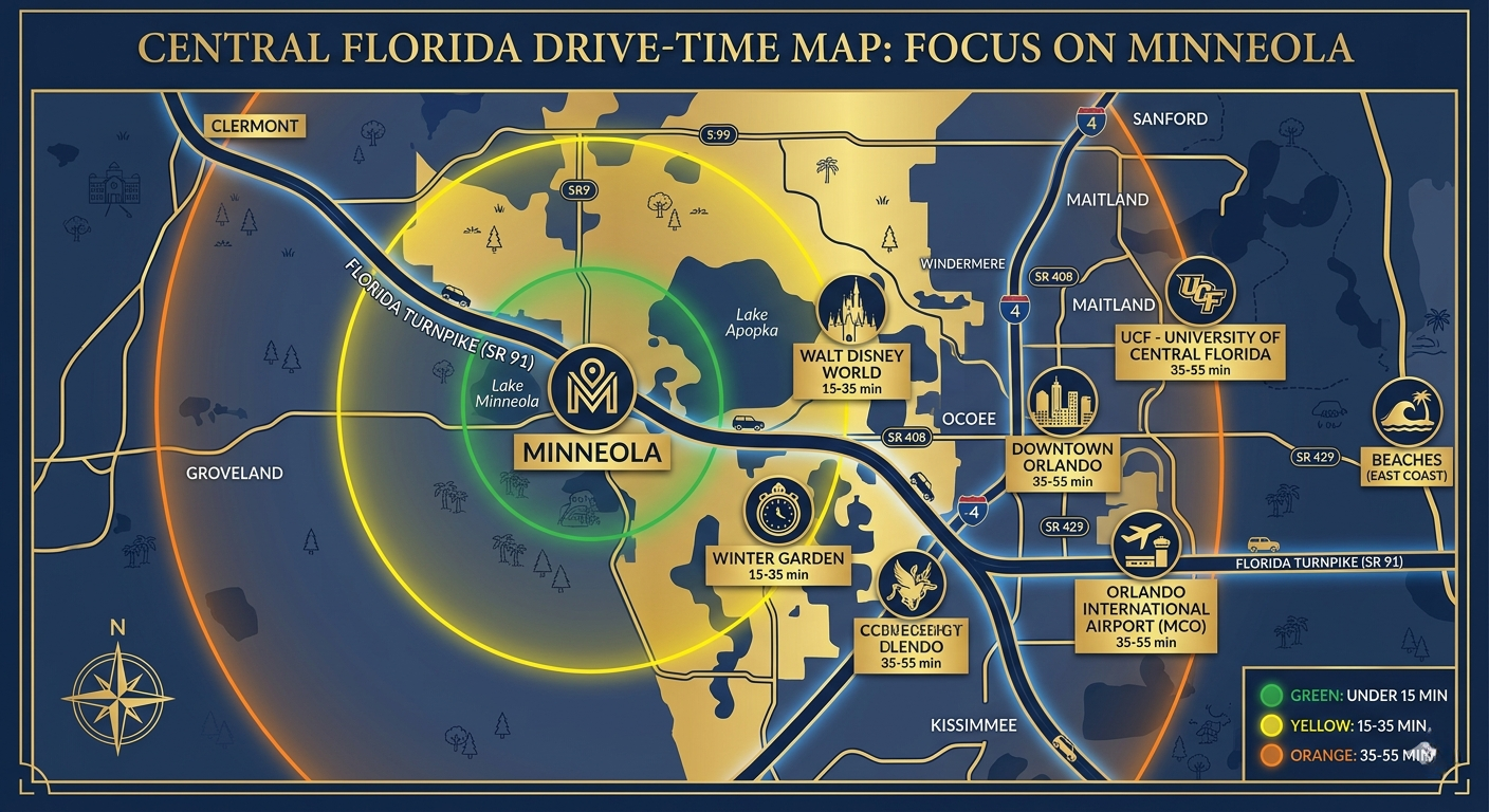 Map of Central Florida showing Minneola FL drive times to key destinations including Downtown Orlando, Disney World, Winter Garden, UCF, Orlando Airport, and the Beach