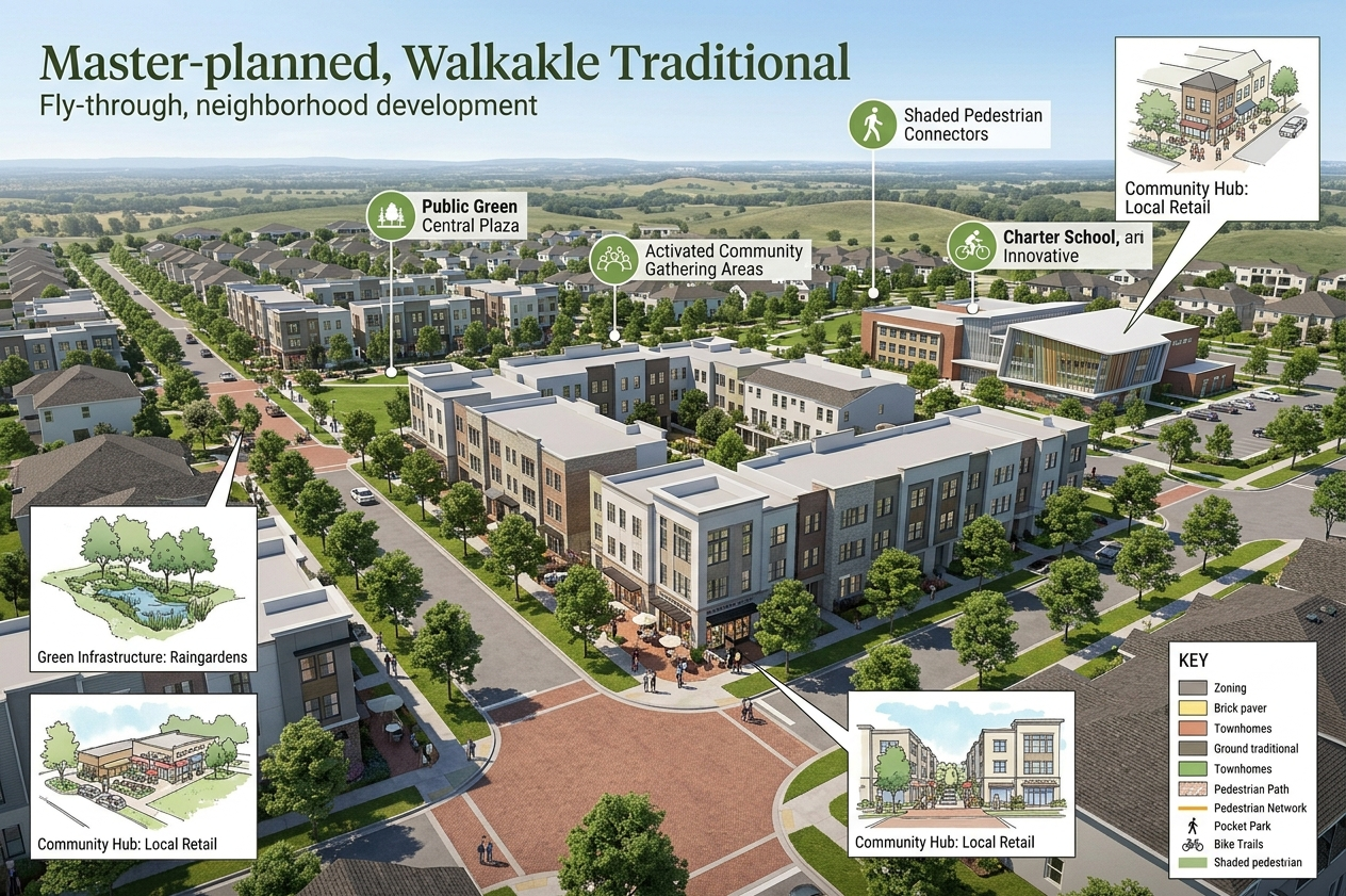 Walkable traditional neighborhood design rendering for Citrus Grove mixed-use district in Minneola FL — townhomes, retail, and charter school