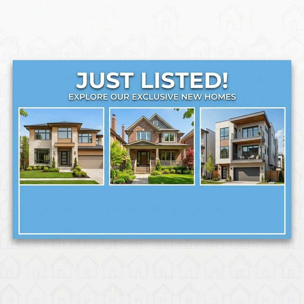 Three new homes listed for sale with beds, baths, square footage, prices